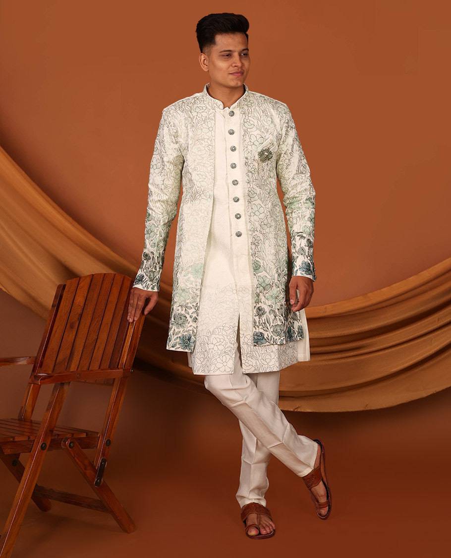 Cream Floral Vine-Themed Embroidered Full-Sleeved Men's Kurta Comes with Matching Pants