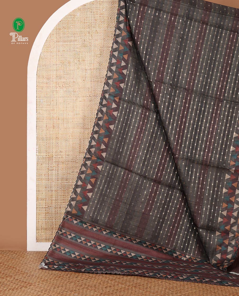 Olive green zari dobby-style buttas semi-tusser saree,multi-color triangle motif printed scallop border & pallu with zari striped blouse