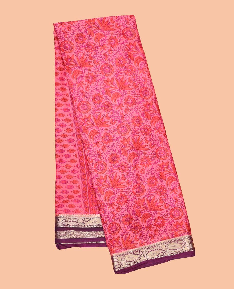 Pink floral printed semi-banaras printed saree, contrast paisley border & intricate pallu