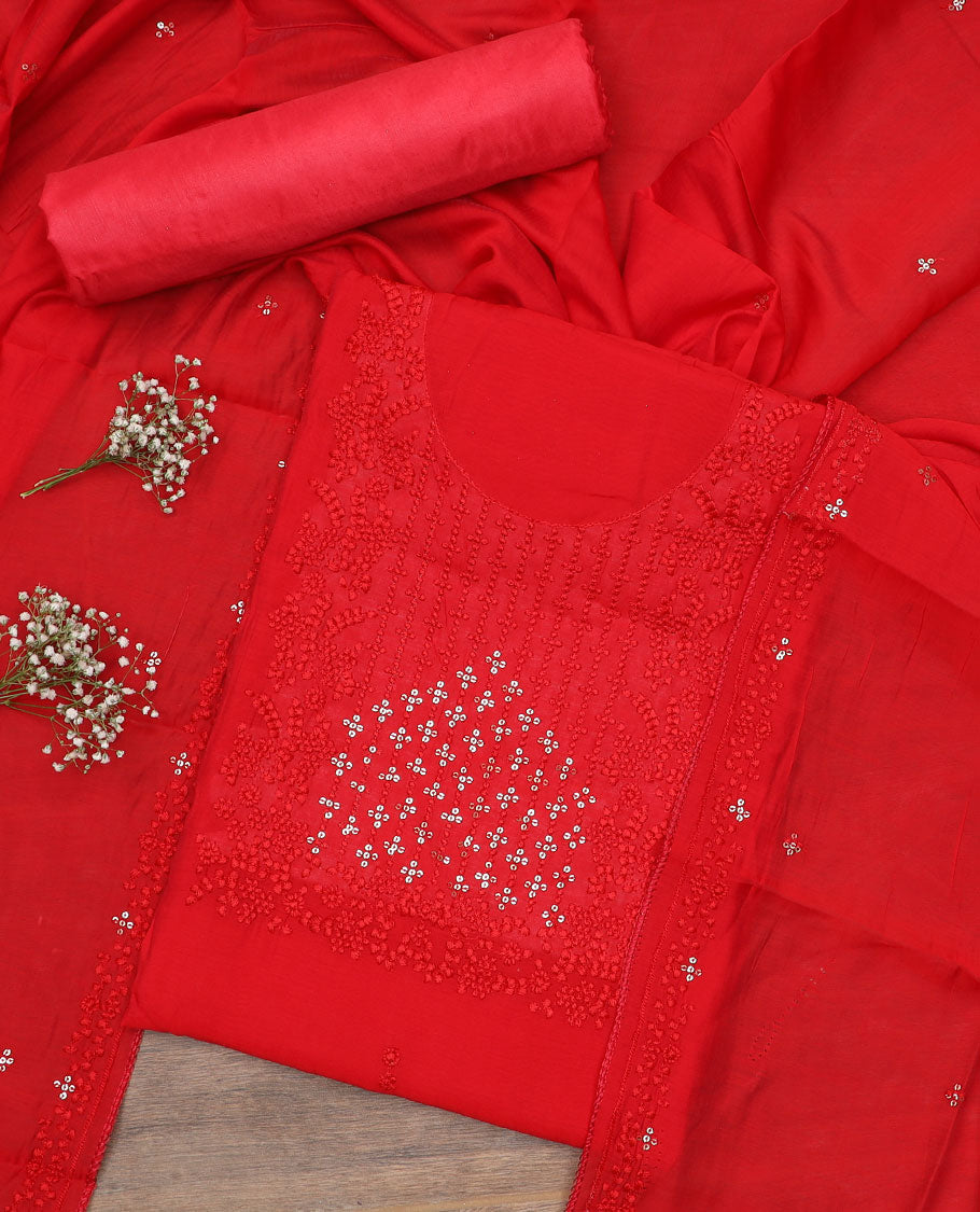 Red material chudidar set, self-color thread and sequins embroidered top, plain bottom and sequins work dupatta