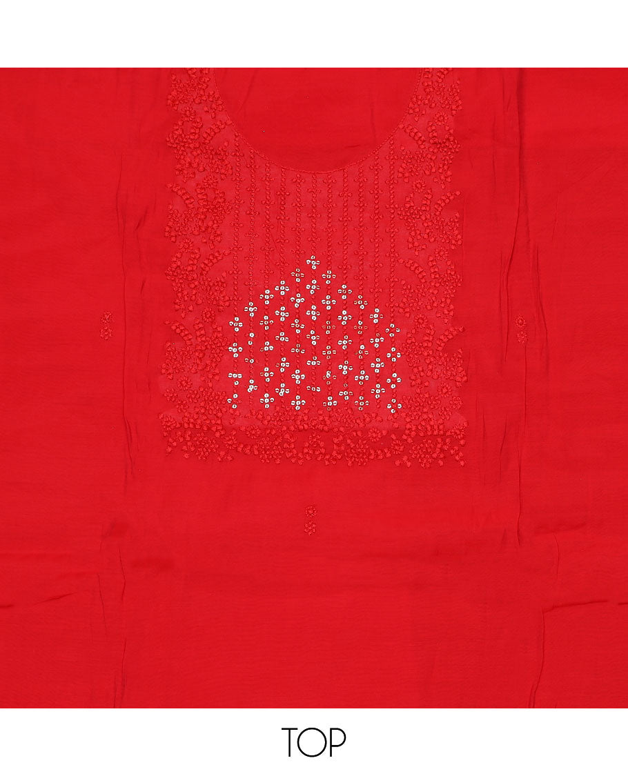 Red material chudidar set, self-color thread and sequins embroidered top, plain bottom and sequins work dupatta