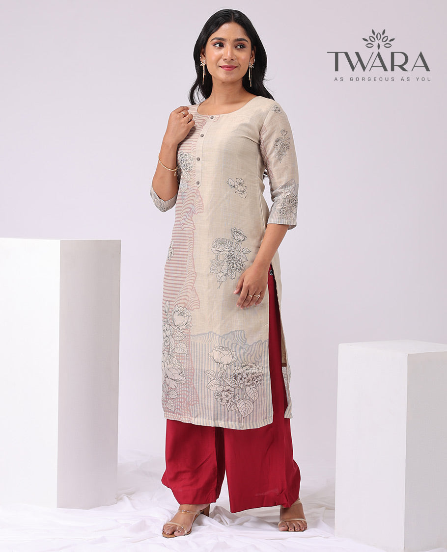 Twara cream floral printed round neck, 3/4 th sleeve , knee lenght straight cut kurti