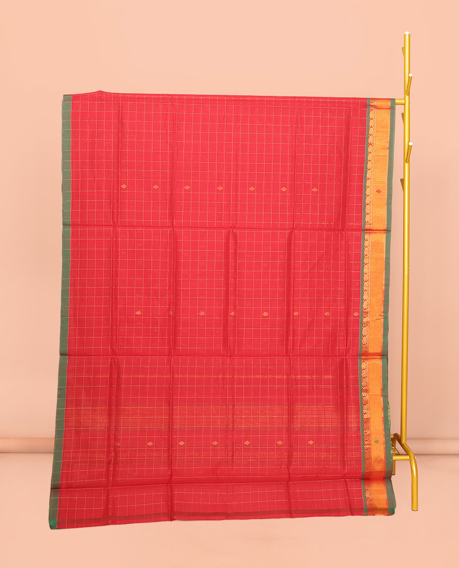 Red Venkatagiri Cotton Saree Features Buttas and Checks, a Contrast Traditional Zari Border, Pallu of Stripes, and No Blouse