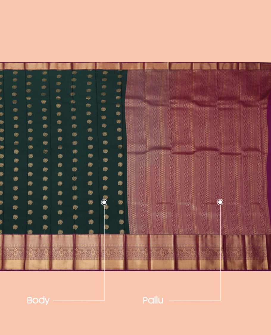 Green Budget Silk Saree, Delicately Woven with Zari Buttas, Complemented by a Contrast Traditional Zari Border, Grand Pallu, and a Contrast Blouse