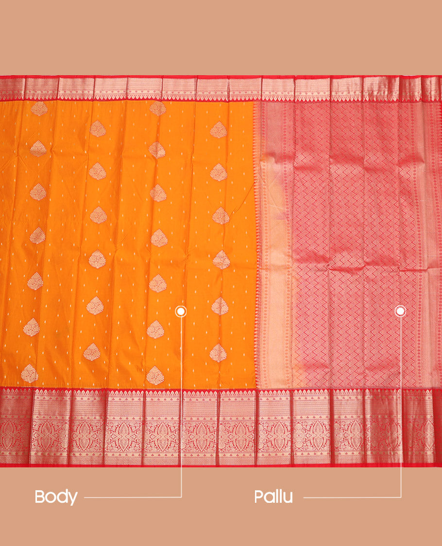 Orange Budget Silk Saree, Gleamed Up with Zari Buttas, Complemented by a Contrast Traditional Zari Border, Grand Pallu, and a Contrast Blouse
