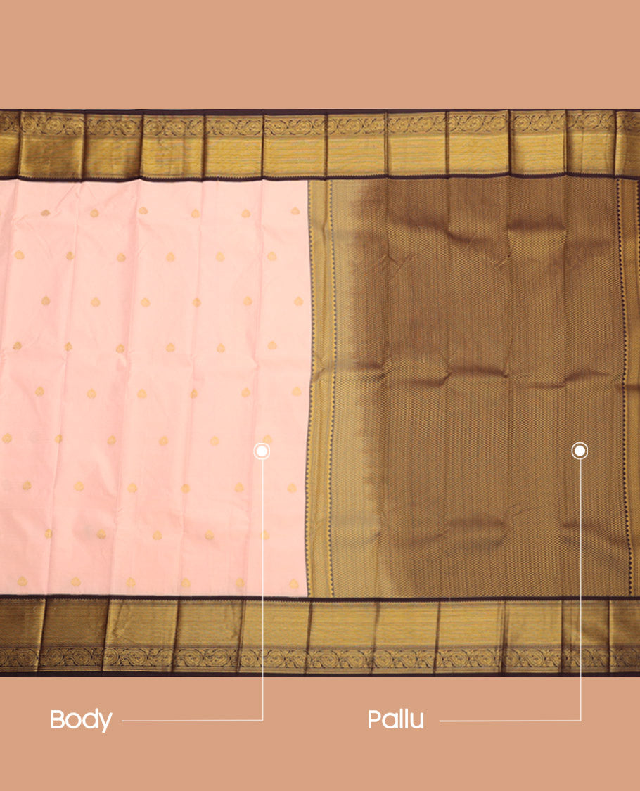 Light Peach Budget Silk Saree, Sparsely Threaded with Zari Buttas, Complemented by a Contrast Traditional Zari Border, Grand Pallu, and Contrast Blouse