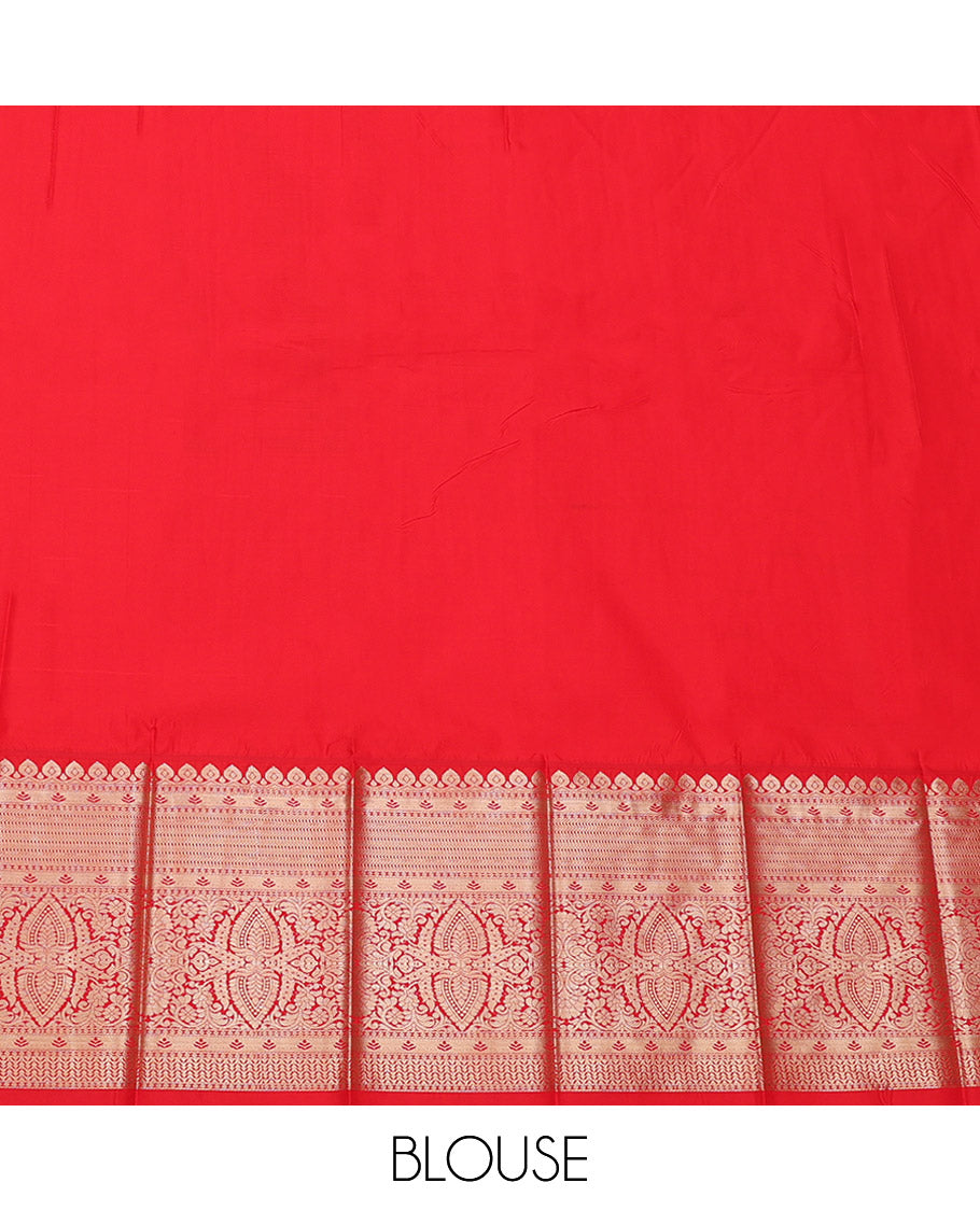 Orange Budget Silk Saree, Gleamed Up with Zari Buttas, Complemented by a Contrast Traditional Zari Border, Grand Pallu, and a Contrast Blouse