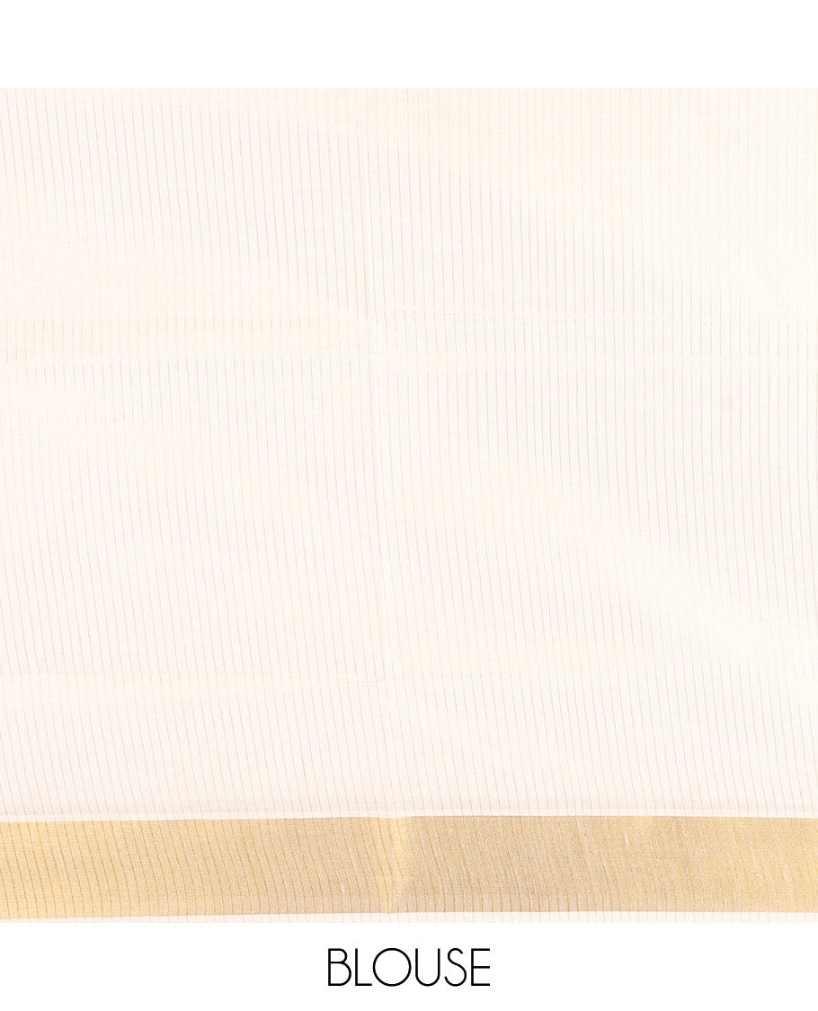 Cream Kerala Cotton Saree, Sparsely Decked Up with Stripes All Over Its Body, Bavanji Border, Pallu Mirrors the Same Stripes, and Paired with a Matching Blouse