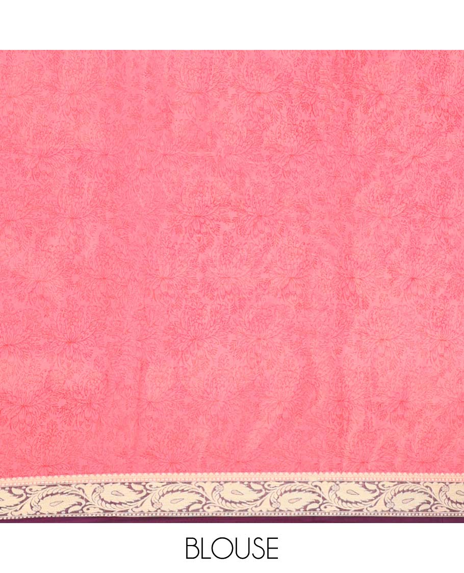 Pink floral printed semi-banaras printed saree, contrast paisley border & intricate pallu