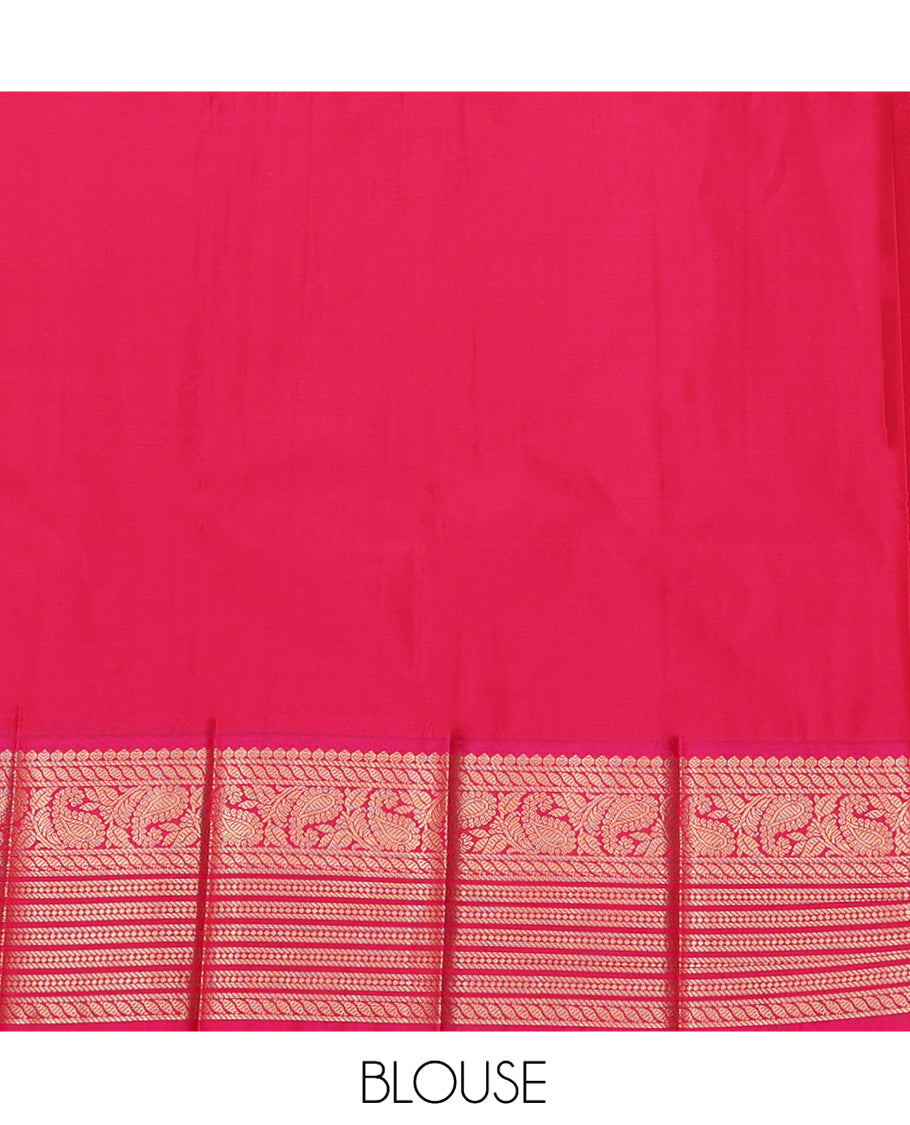 Green Budget Silk Saree, Styled with Zari Buttas, a Contrast Traditional Zari Border, Grand Pallu, and a Contrast Blouse