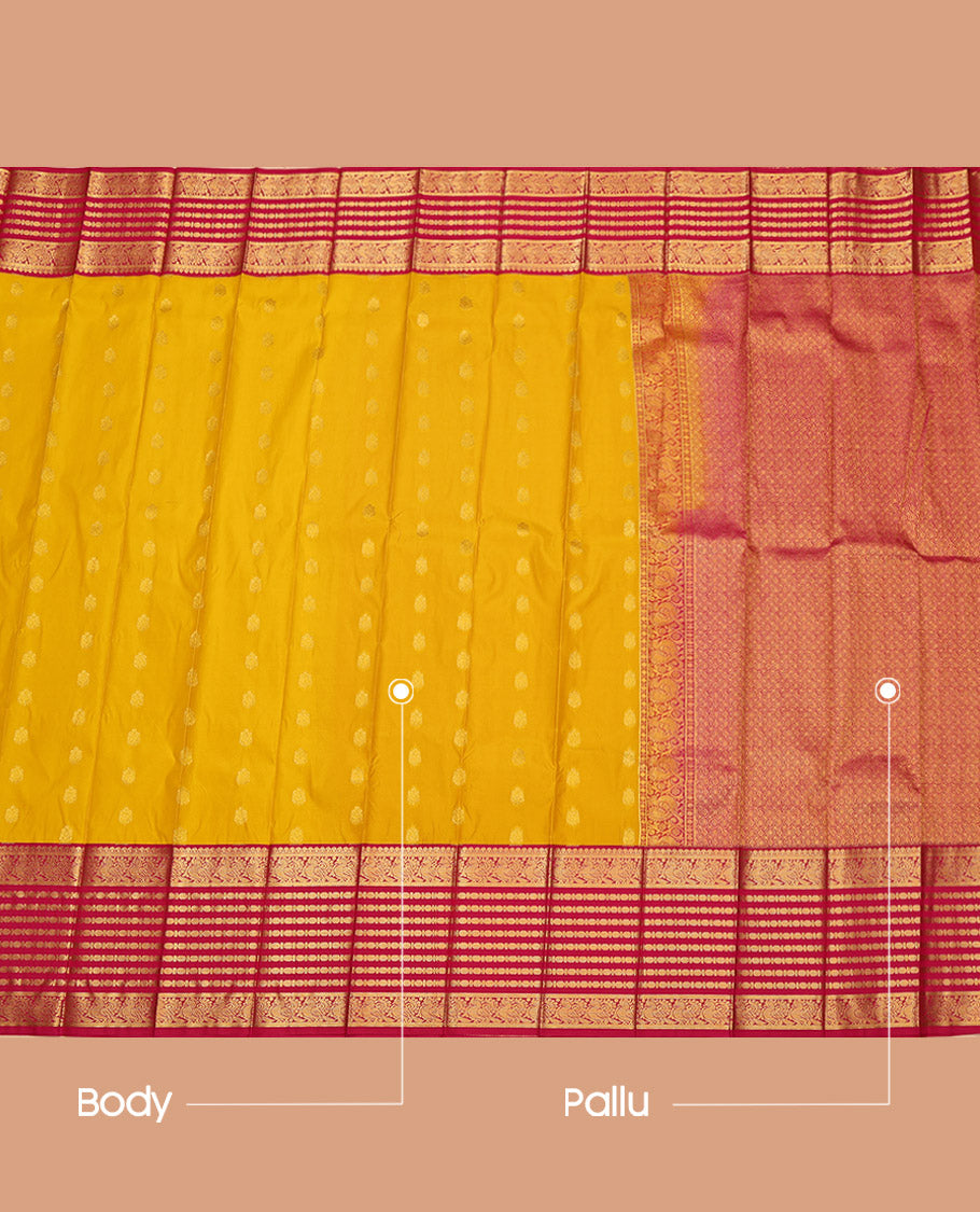 Yellow Budget Silk Saree, Sparsely Woven with Zari Buttas All Over Its Body, Complemented by Contrast Traditional Zari Border of Peacock and Rudrksham Designs, Grand Jaal-Patterned Pallu, and Paired with a Contrast Blouse