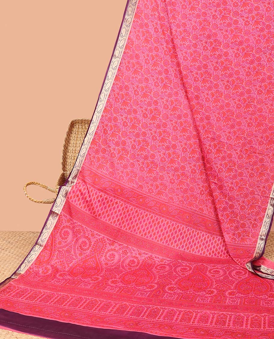 Pink floral printed semi-banaras printed saree, contrast paisley border & intricate pallu