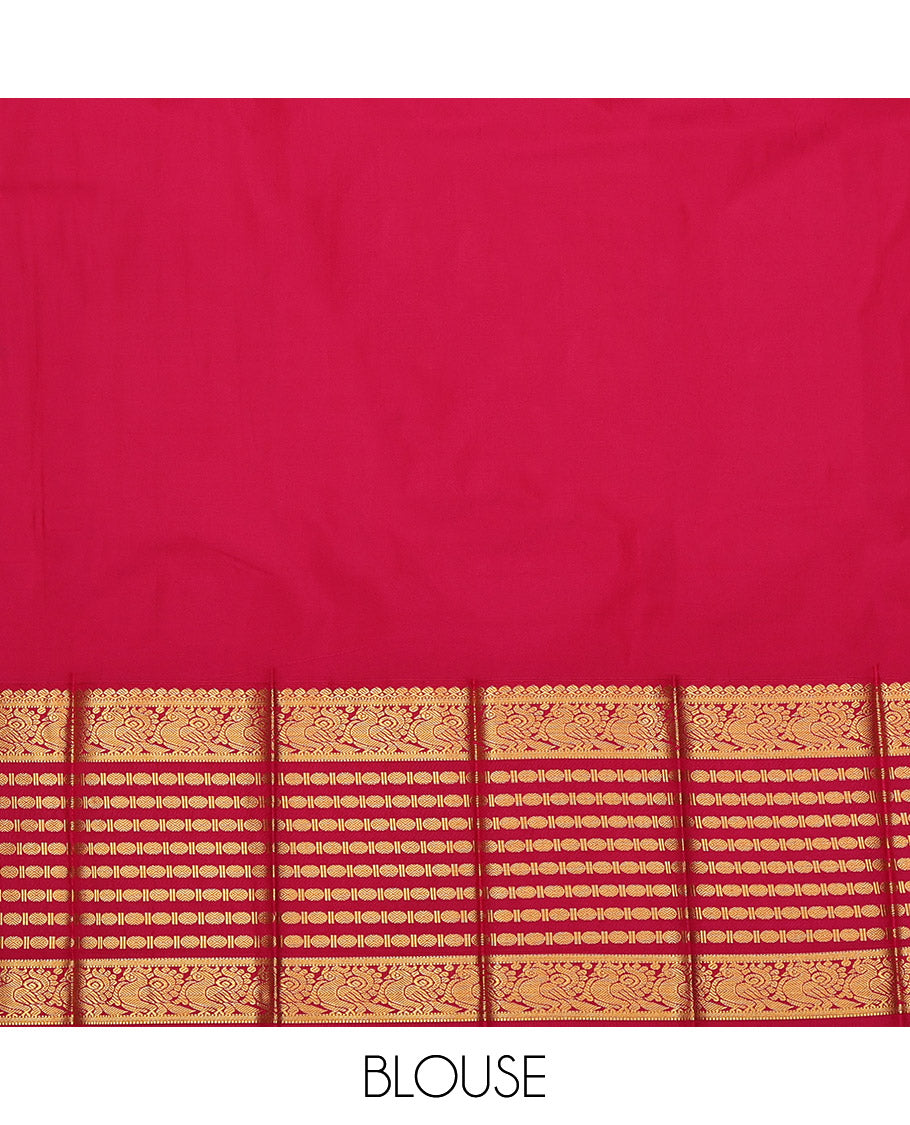 Yellow Budget Silk Saree, Sparsely Woven with Zari Buttas All Over Its Body, Complemented by Contrast Traditional Zari Border of Peacock and Rudrksham Designs, Grand Jaal-Patterned Pallu, and Paired with a Contrast Blouse