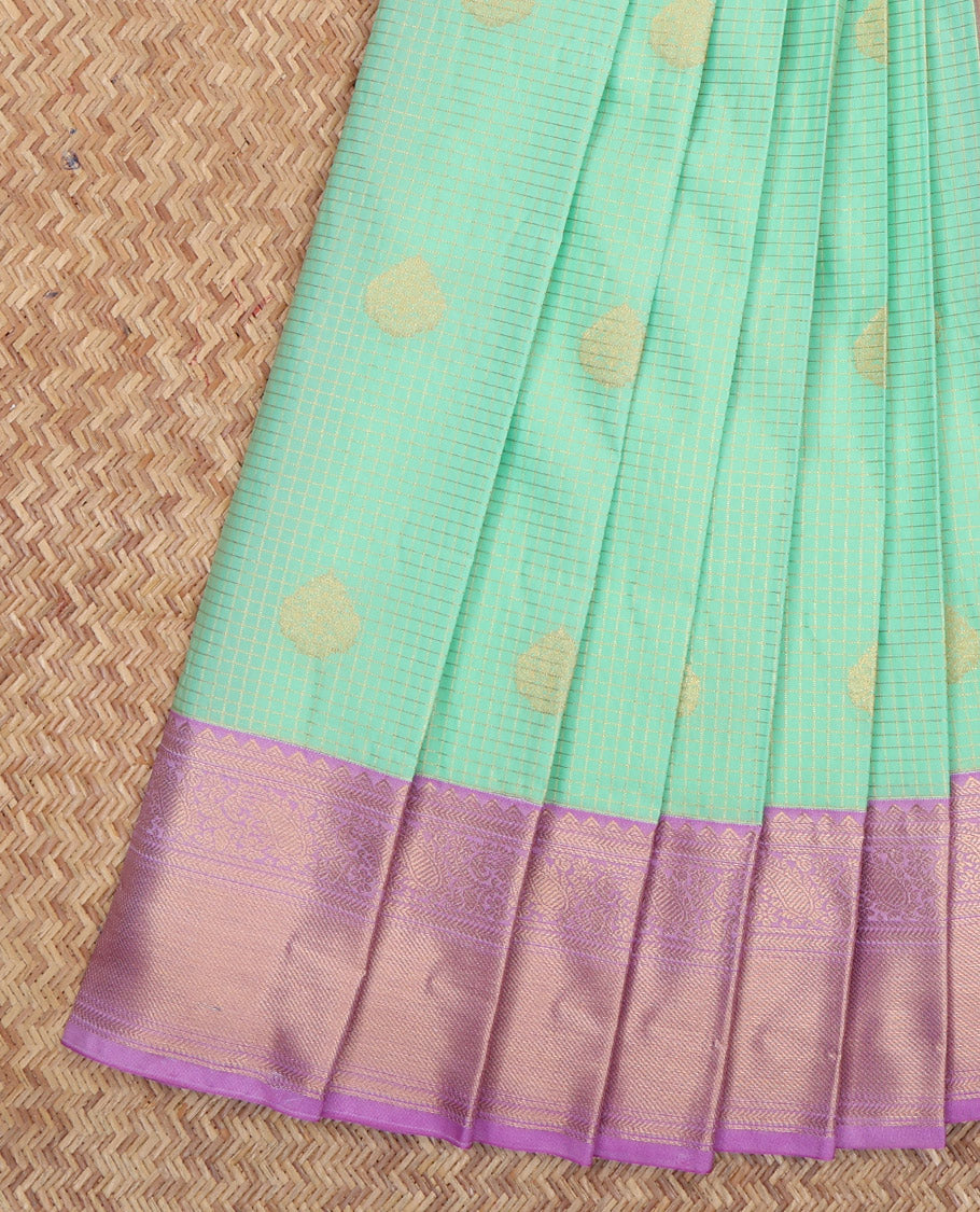 Turquoise Budget Silk Saree, Enriched with Zari Buttas and Checks, a Contrast Traditional Zari Border, Grand Pallu, and a Contrast Blouse