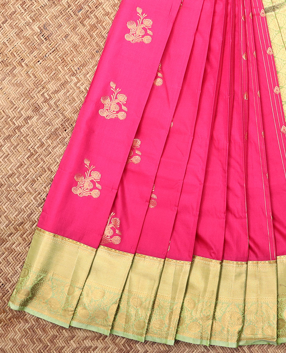 Pink Budget Silk Saree, Decorated with Zari Buttas and Stripes, Complemented by Contrast Traditional Zari Border, a Grand Pallu and a Contrast Blouse