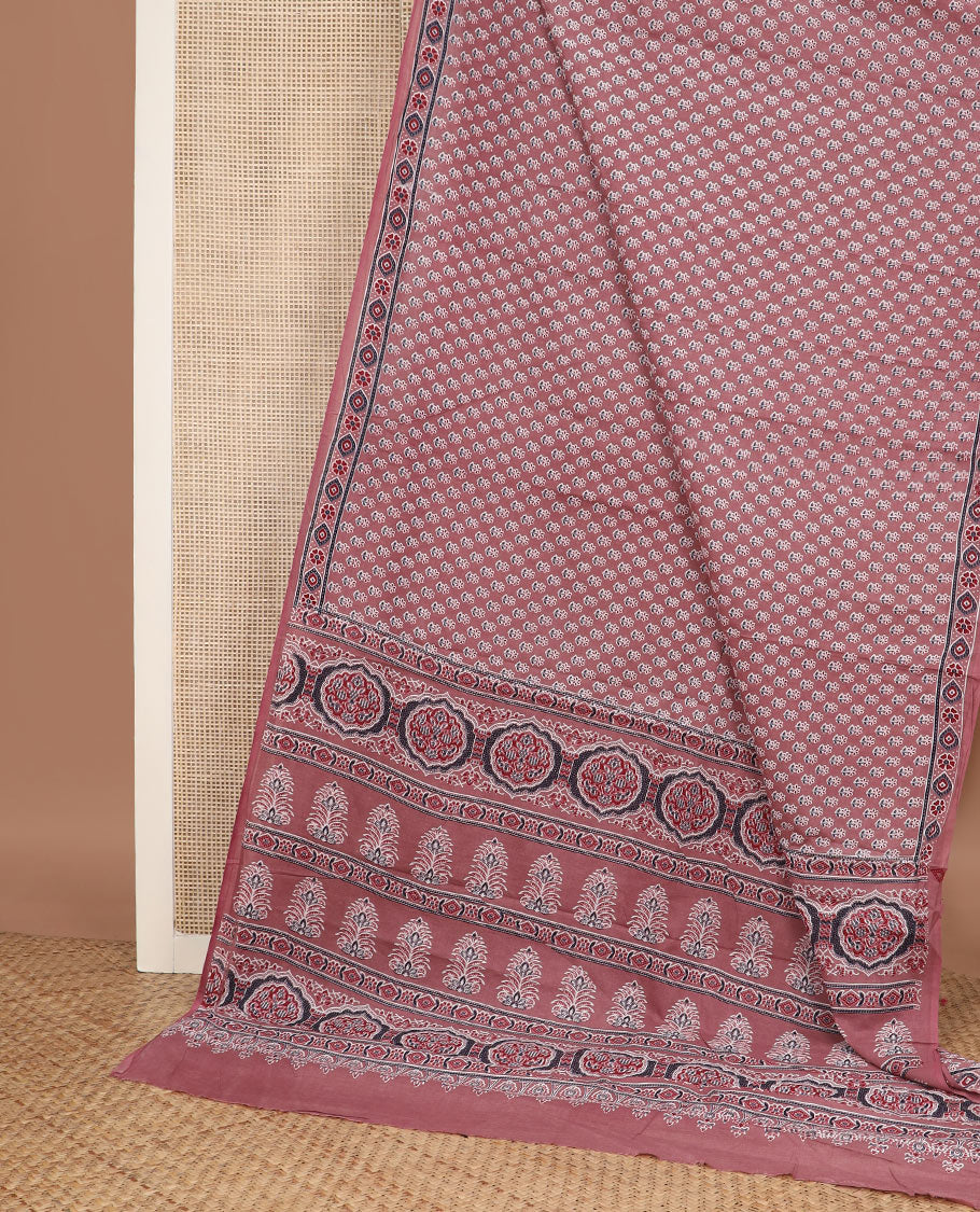 Rosewood pink floral motifs printed mul mul cotton saree, ajrakh printed border & ajrakh printed pallu