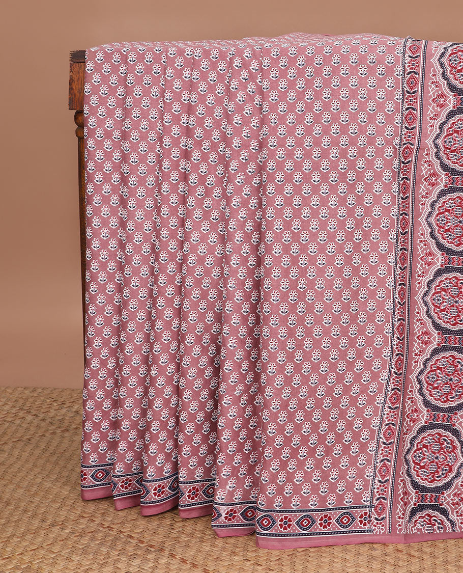 Rosewood pink floral motifs printed mul mul cotton saree, ajrakh printed border & ajrakh printed pallu