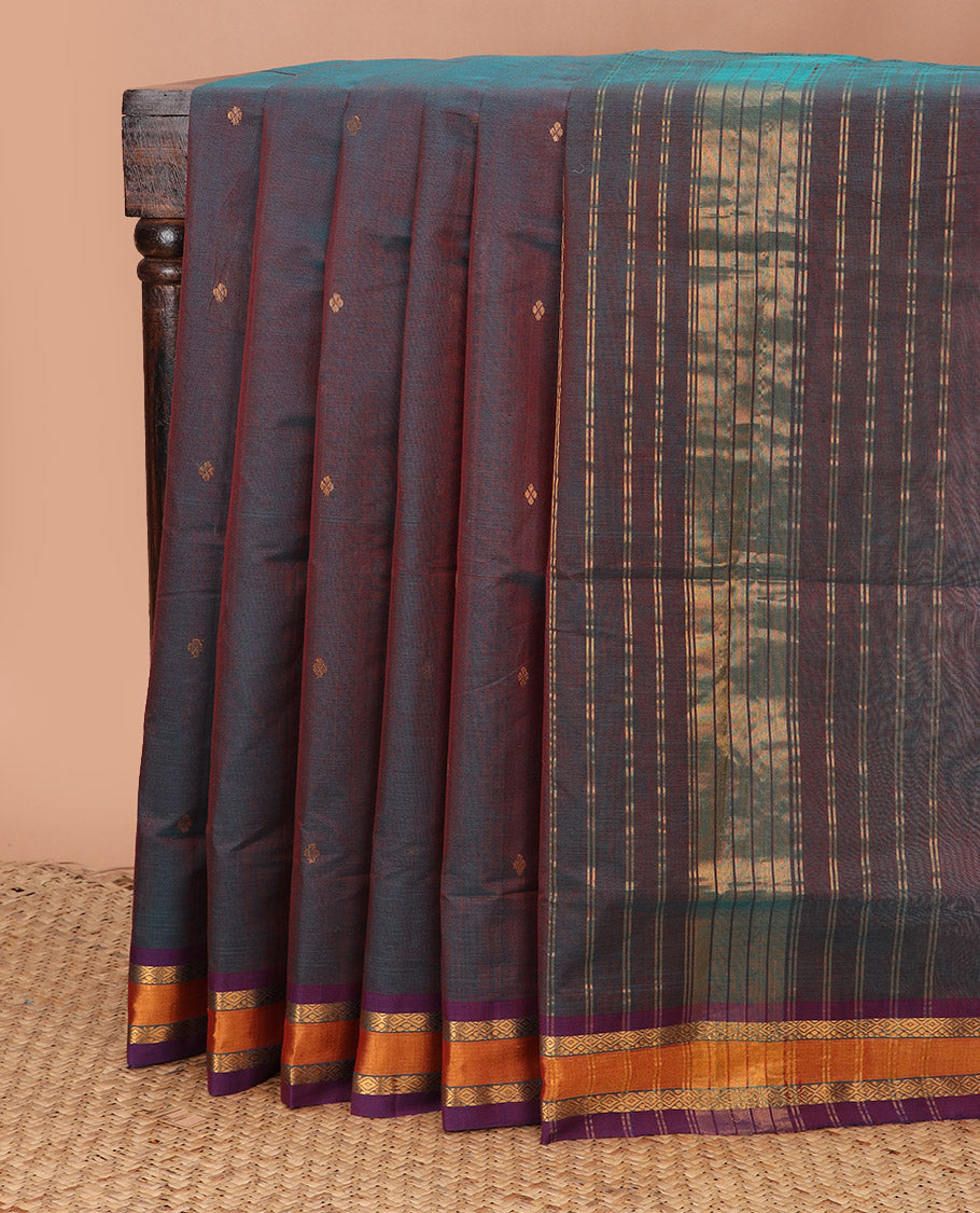 Peacock blue dual-tone zari buttas Venkatagiri cotton saree, traditional zari border, and zari striped pallu