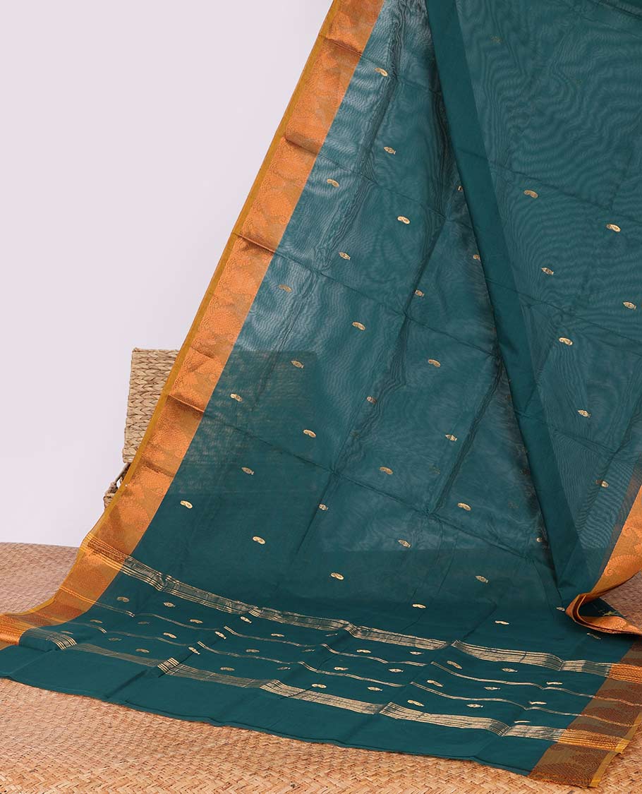Green buttas Chettinad cotton saree, contrast paisley design border & pallu of stripes