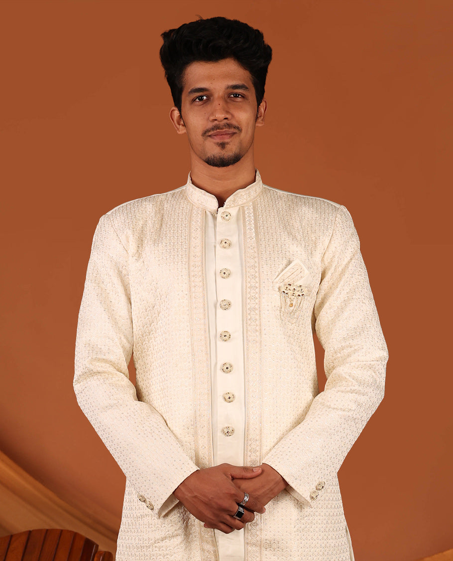Cream Geometric-Themed Sequins Embroidered Full-Sleeved Men's Kurta Comes with Matching Pants