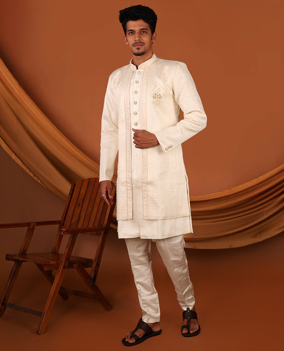 Cream Geometric-Themed Sequins Embroidered Full-Sleeved Men's Kurta Comes with Matching Pants