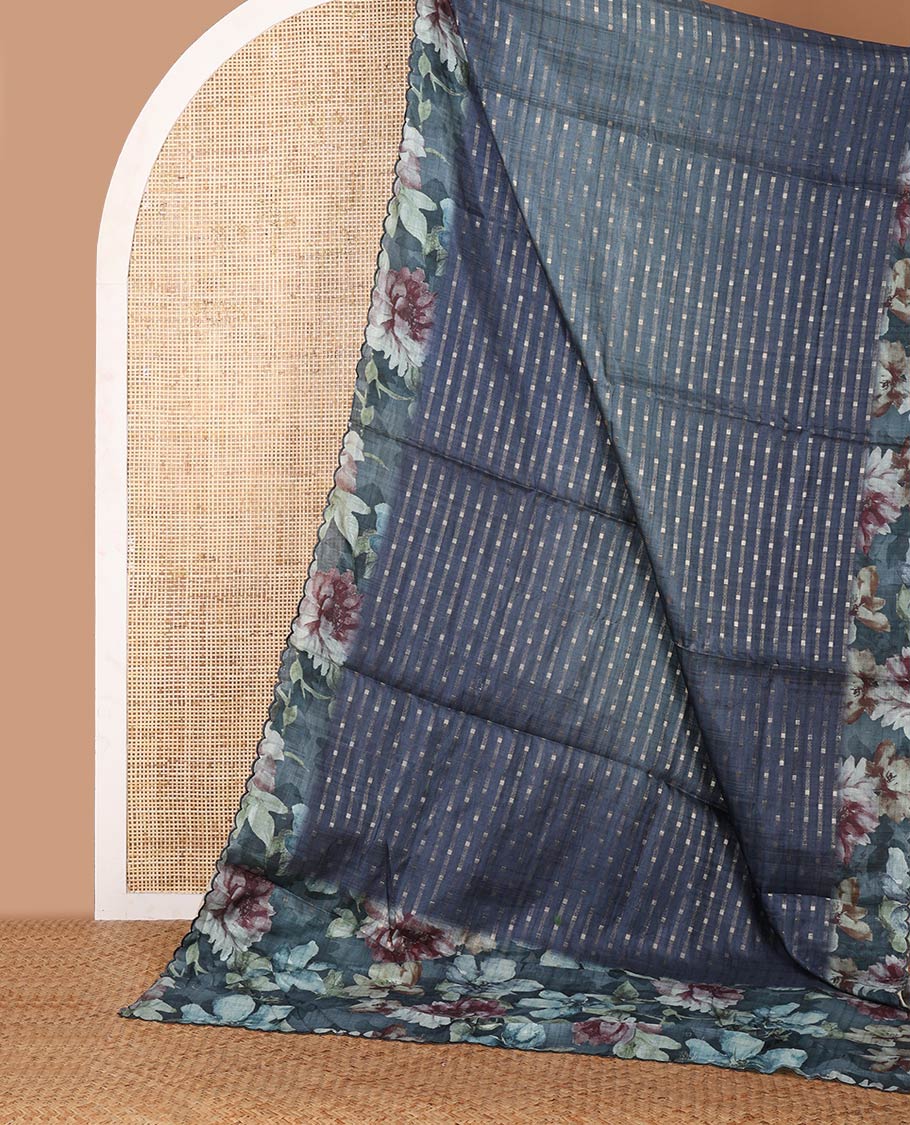 Blue zari dobby-style buttas semi-tusser saree, floral printed scallop border & pallu, blouse of zari & floral print