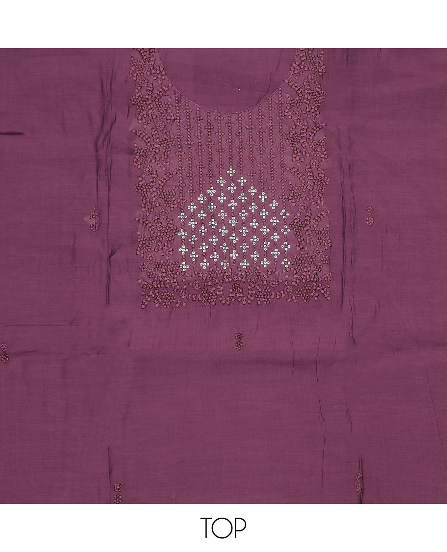 Purple material chudidar set, self-color thread and sequins embroidered top, plain bottom and sequins work dupatta