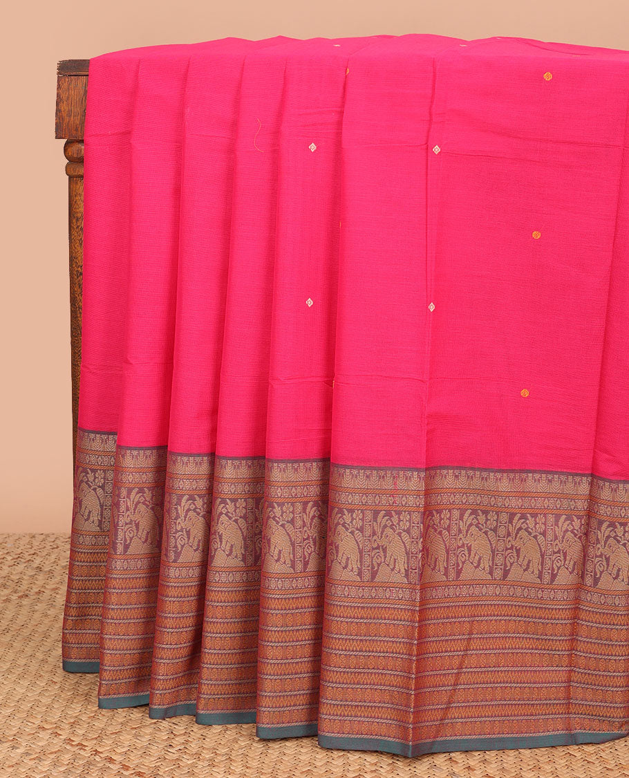 Pink motifs chettinad cotton saree with contrast zari design border & striped, motifs pallu