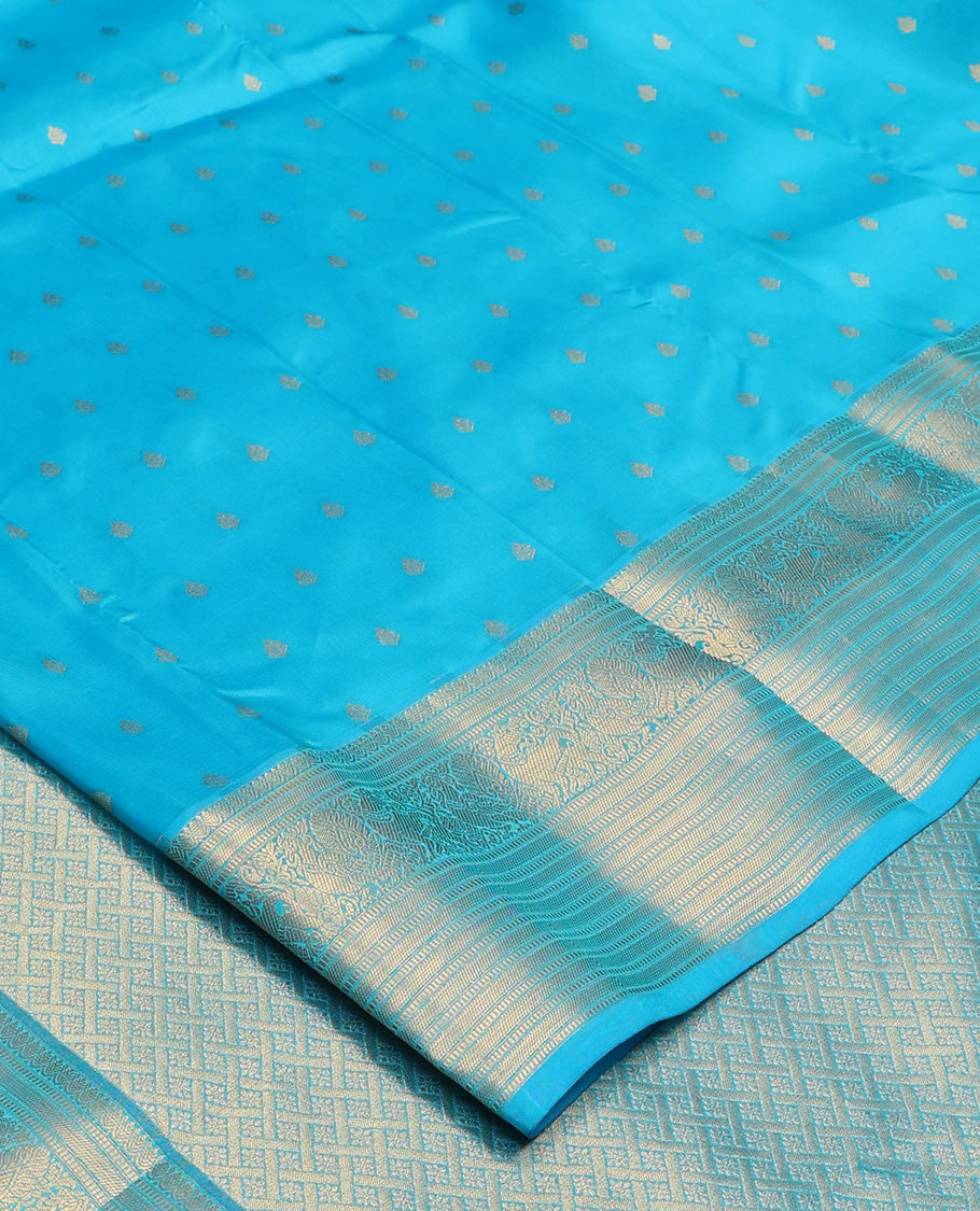 Blue zari buttas Vasundhara silk mix, traditional zari border of mayil, yaali, and muthu designs and paiyaadi kattam pallu