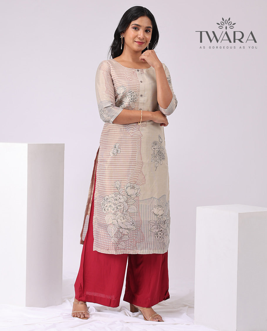 Twara cream floral printed round neck, 3/4 th sleeve , knee lenght straight cut kurti