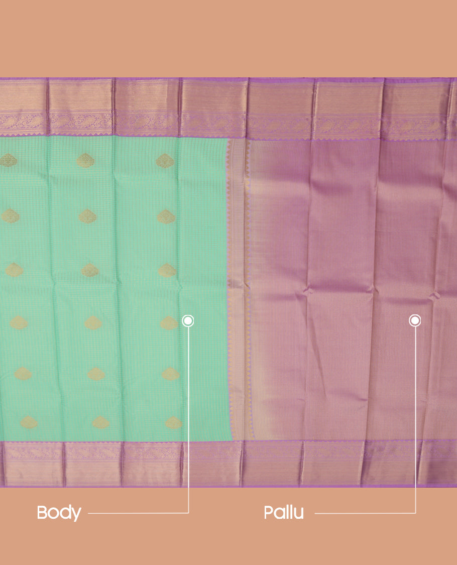 Turquoise Budget Silk Saree, Enriched with Zari Buttas and Checks, a Contrast Traditional Zari Border, Grand Pallu, and a Contrast Blouse