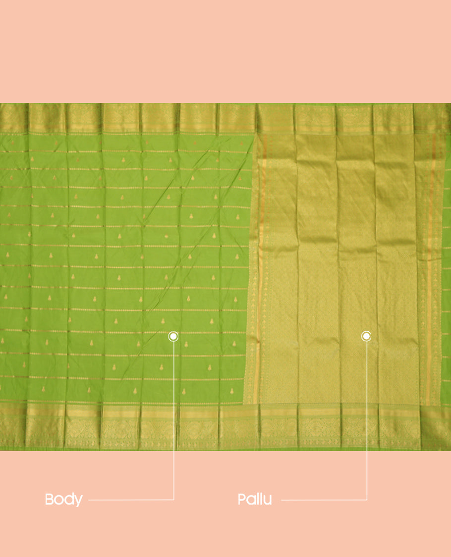 Green Budget Silk Saree, Decked Up with Zari Buttas, Complemented by Traditional Zari Border, a Jaal Pallu and a Matching Blouse