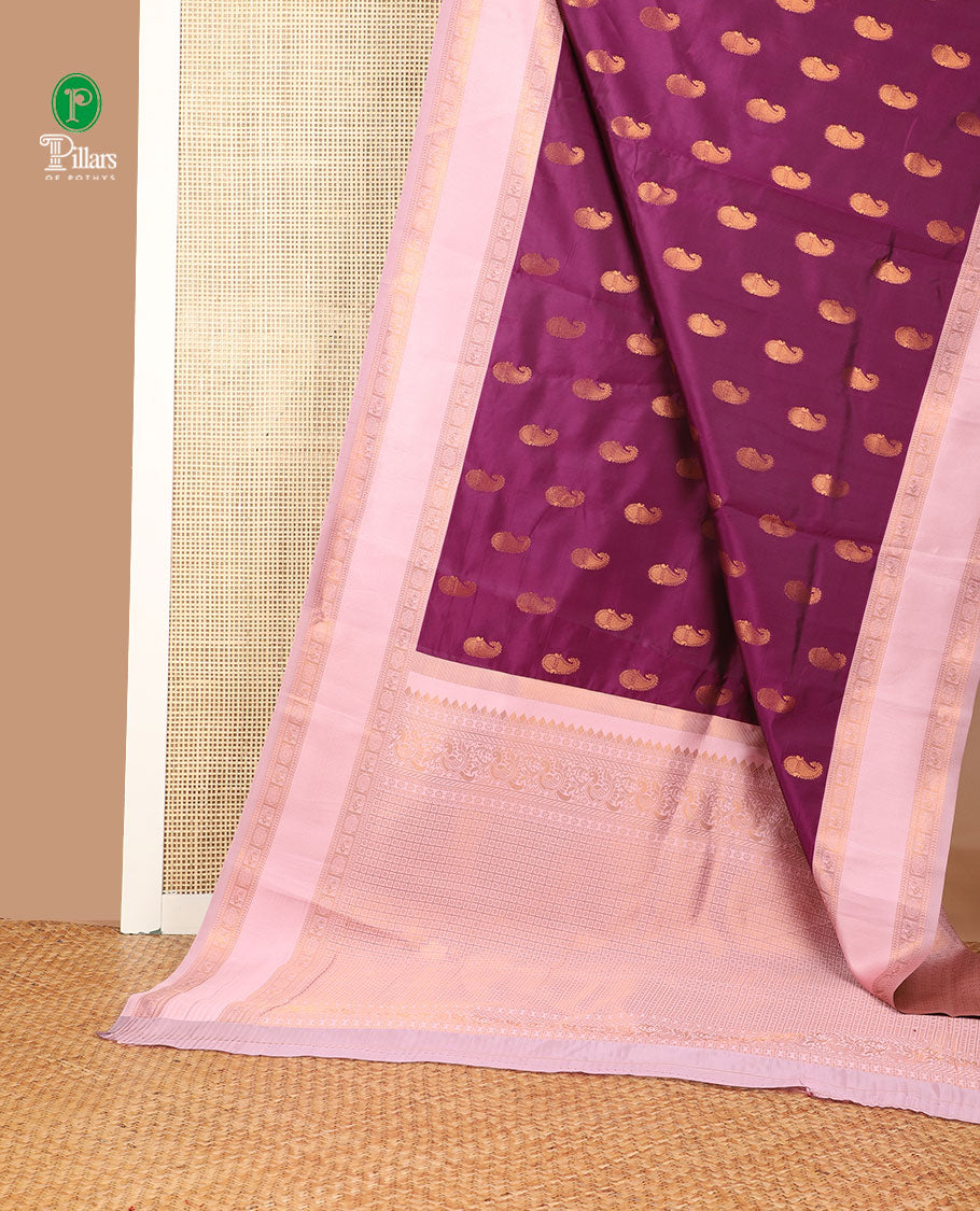 Purple with baby pink mango butta zari design litchi soft silk saree with contrast bentex traditional border & rich weaving pallu along with brocade blouse
