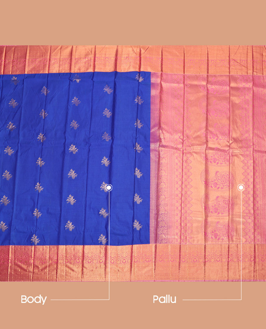 Royal Blue Budget Silk Saree, Styled with Zari Buttas, Complemented by a Contrast Traditional Border, Jaal Pallu, and a Contrast Blouse