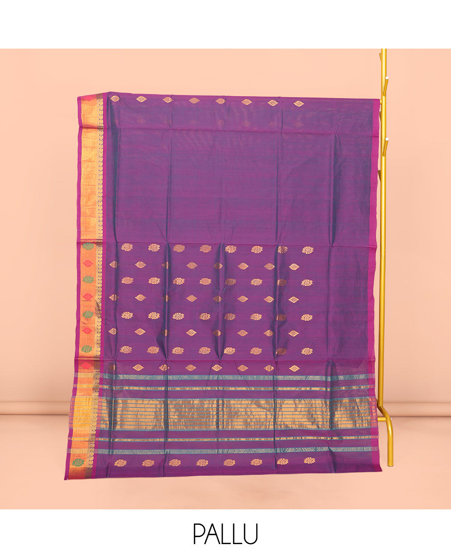 Violet Venkatagiri Cotton Saree Embellished with Buttas, a Contrast Zari-Thread Border, Pallu of Stripes, and No Blouse