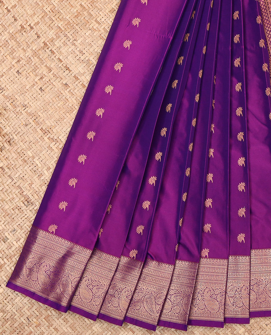 Purple Budget Silk Saree, Bedecked with Zari Buttas, Highlighted by a Traditional Zari Border, Intricate Pallu, and a Matching Blouse