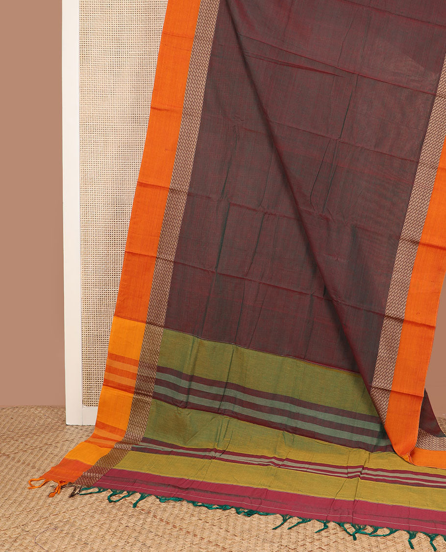 Maroon dual-tone buttas Narayanpet cotton saree, contrast peacock design border & striped pallu