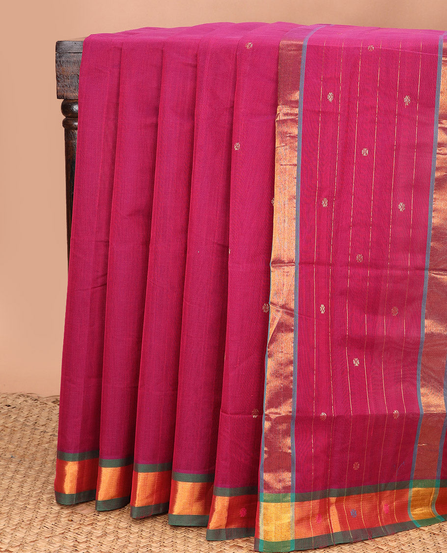 Pink zari buttas Venkatagiri cotton saree, contrast zari and thread border, and zari striped pallu