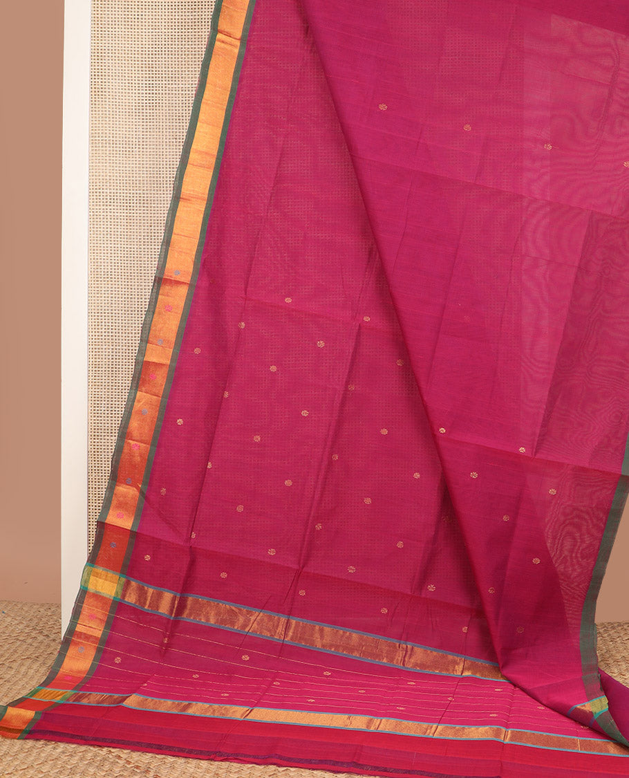 Pink zari buttas Venkatagiri cotton saree, contrast zari and thread border, and zari striped pallu