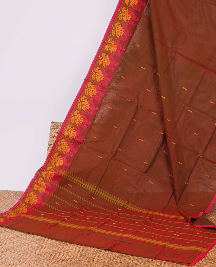 Brown buttas Chettinad cotton saree, floral design border & striped pallu