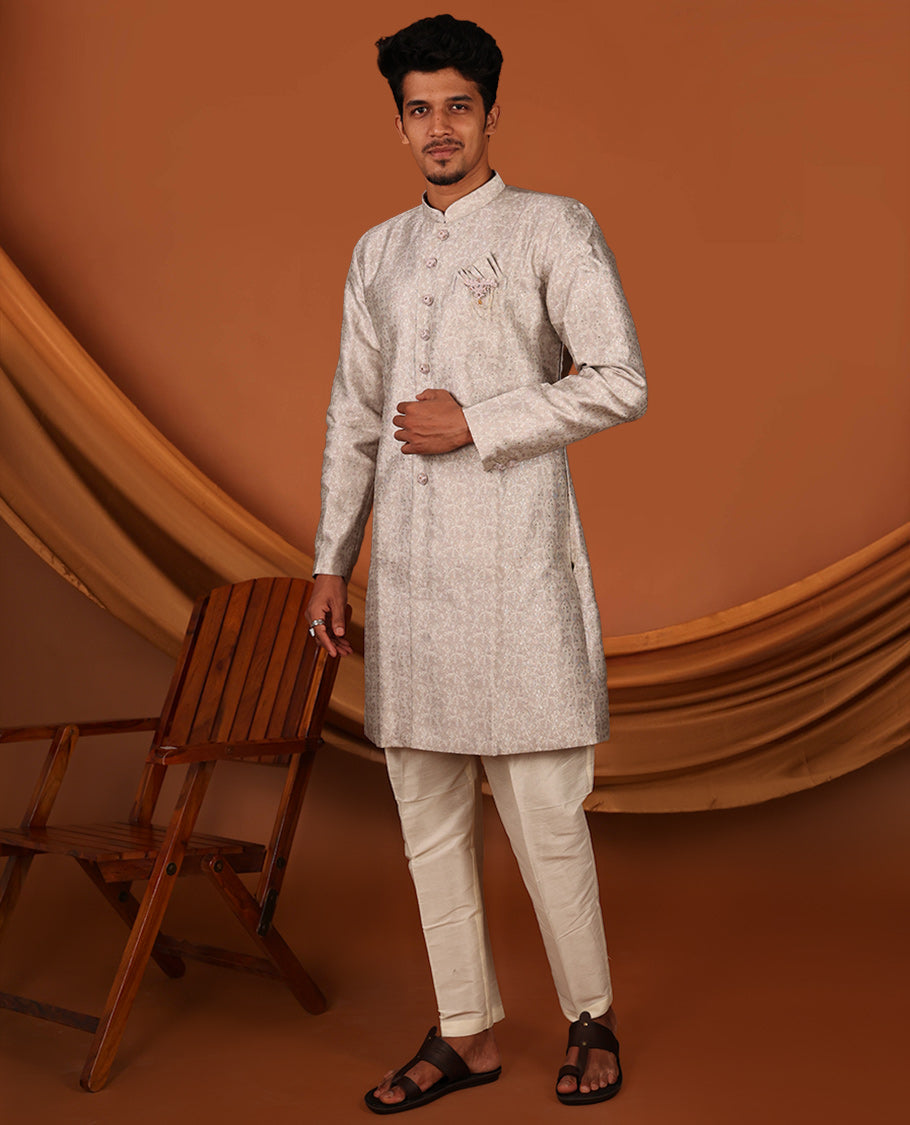 Grey Floral Embossed Full-Sleeved Men's Kurta