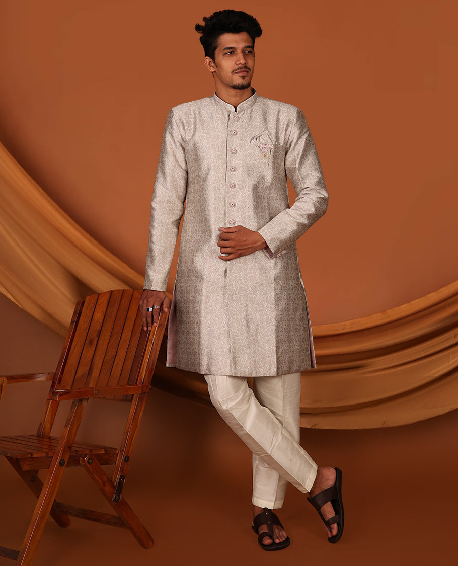 Grey Floral Embossed Full-Sleeved Men's Kurta