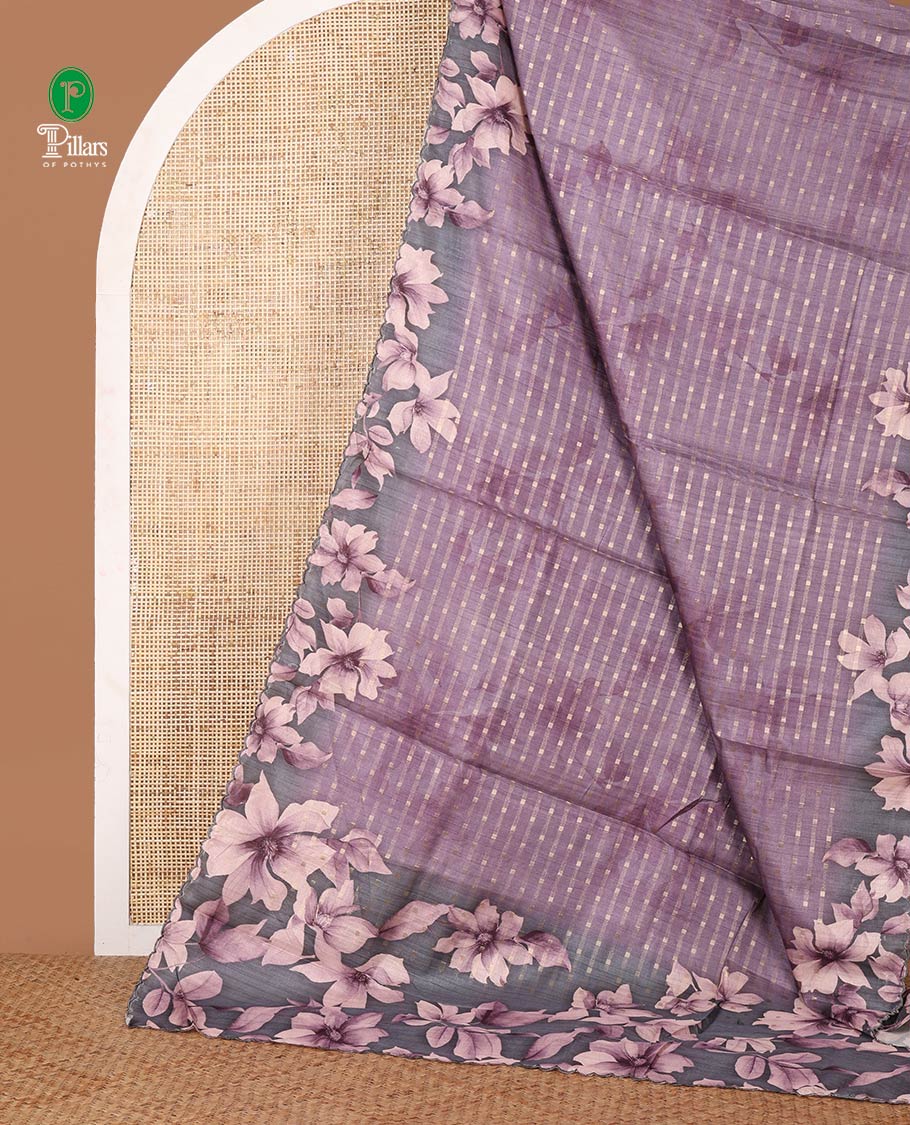 Onion pink zari dobby-style buttas semi-tusser saree, floral printed scallop border & pallu, blouse of zari & floral print