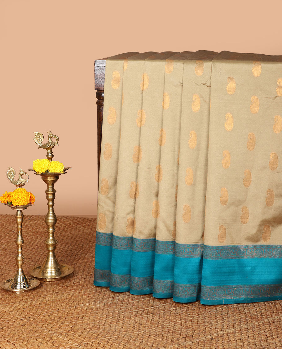 Tan color with rama green mango butta zari design litchi soft silk saree with contrast bentex traditional border & rich weaving pallu along with brocade blouse