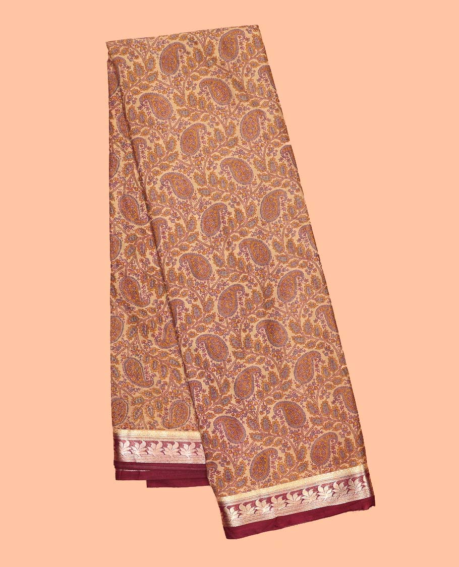Pale brown intricately printed semi-banaras printed saree, contrast floral border & intricate pallu