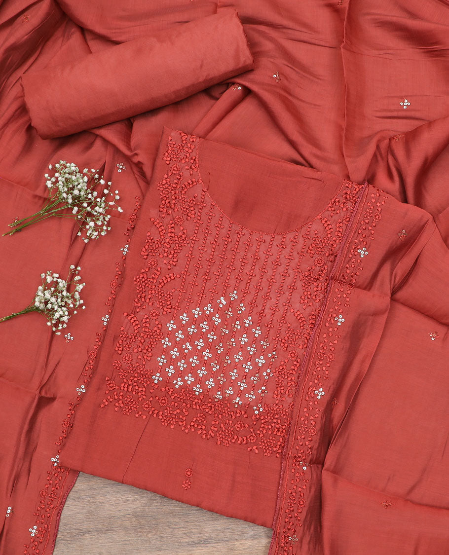 Chilli red material chudidar set, self-color thread and sequins embroidered top, plain bottom and sequins work dupatta
