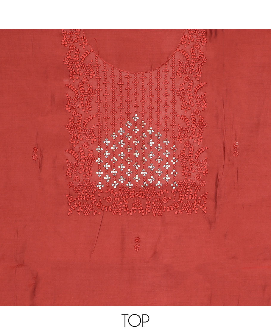Chilli red material chudidar set, self-color thread and sequins embroidered top, plain bottom and sequins work dupatta