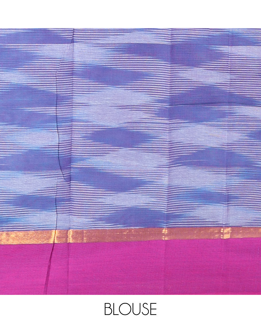 Blue geometric patterned chirala cotton saree, contrast zari striped border & striped pallu