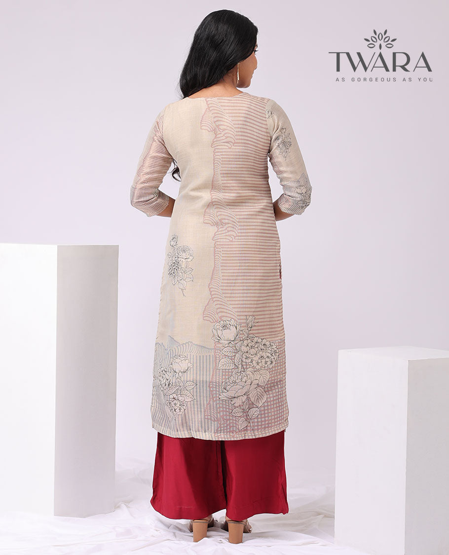Twara cream floral printed round neck, 3/4 th sleeve , knee lenght straight cut kurti