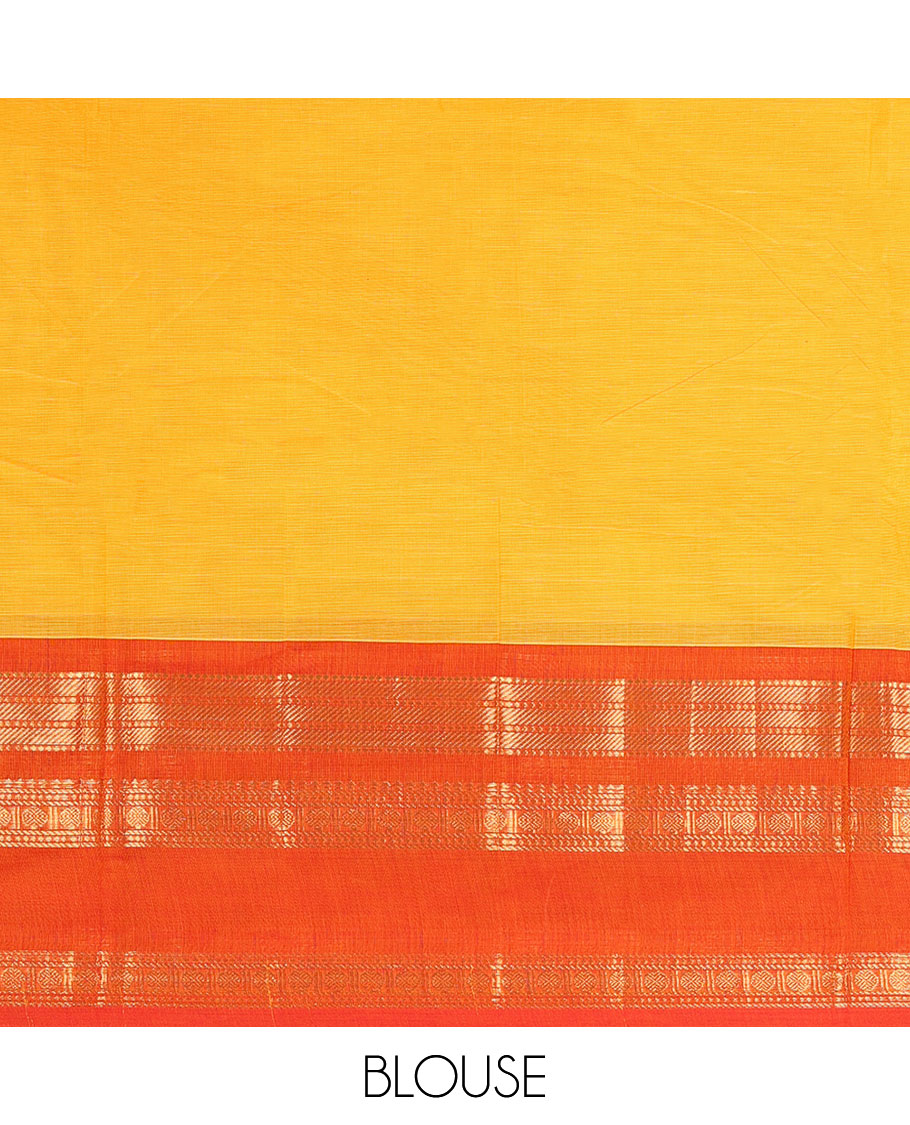 Yellow chettinad cotton saree with ganga jamuna zari design border & striped pallu